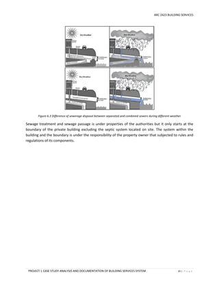 ARC 2423 BUILDING SERVICES
PROJECT 1 CASE STUDY ANALYSIS AND DOCUMENTATION OF BUILDING SERVICES SYSTEM 65 | P a g e
Figure 6.3 Difference of sewerage disposal between separated and combined sewers during different weather
Sewage treatment and sewage passage is under properties of the authorities but it only starts at the
boundary of the private building excluding the septic system located on site. The system within the
building and the boundary is under the responsibility of the property owner that subjected to rules and
regulations of its components.
 