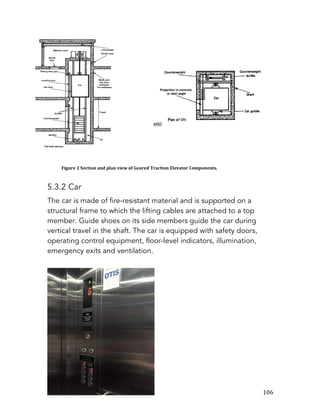   106	
  
5.3.2 Car
The car is made of fire-resistant material and is supported on a
structural frame to which the lifting cables are attached to a top
member. Guide shoes on its side members guide the car during
vertical travel in the shaft. The car is equipped with safety doors,
operating control equipment, floor-level indicators, illumination,
emergency exits and ventilation.
Figure	
  2	
  Section	
  and	
  plan	
  view	
  of	
  Geared	
  Traction	
  Elevator	
  Components.
Figure	
  3	
  Diagram	
  of	
  a	
  typical	
  lift	
  motor	
  room.
 