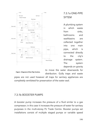   146	
  
7.3.1a ONE-PIPE
SYTEM
A plumbing system
in which waste
from sinks,
bathrooms and
washbasins are
collected together
into one main
pipe, which is
connected directly
to the city’s
drainage system.
The system
depends on gravity
to move the water downwards for
distribution. Gully traps and waste
pipes are not used however all traps for sanitary appliances are
completely ventilated for preservation of the water seal.
7.3.1b BOOSTER PUMPS
A booster pump increases the pressure of a fluid similar to a gas
compressor; in this case it increases the pressure of water for sanitary
purposes in the multi-storey PJ Trade Centre. Booster pumps set
installations consist of multiple staged pumps or variable speed
Figure	
  :	
  Diagram	
  of	
  One-­‐Pipe	
  System.
 