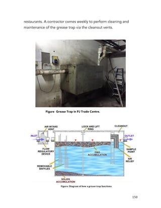   150	
  
restaurants. A contractor comes weekly to perform cleaning and
maintenance of the grease trap via the cleanout vents.
Figure Grease Trap in PJ Trade Centre.
Figure:	
  Diagram	
  of	
  how	
  a	
  grease	
  trap	
  functions.	
  
 