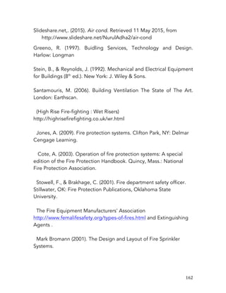   162	
  
Slideshare.net,. (2015). Air cond. Retrieved 11 May 2015, from
http://www.slideshare.net/NurulAdha2/air-cond
Greeno, R. (1997). Buidling Services, Technology and Design.
Harlow: Longman
Stein, B., & Reynolds, J. (1992). Mechanical and Electrical Equipment
for Buildings (8th
ed.). New York: J. Wiley & Sons.
Santamouris, M. (2006). Building Ventilation The State of The Art.
London: Earthscan.
(High Rise Fire-fighting : Wet Risers)
http://highrisefirefighting.co.uk/wr.html
Jones, A. (2009). Fire protection systems. Clifton Park, NY: Delmar
Cengage Learning.
Cote, A. (2003). Operation of fire protection systems: A special
edition of the Fire Protection Handbook. Quincy, Mass.: National
Fire Protection Association.
Stowell, F., & Brakhage, C. (2001). Fire department safety officer.
Stillwater, OK: Fire Protection Publications, Oklahoma State
University.
The Fire Equipment Manufacturers' Association
http://www.femalifesafety.org/types-of-fires.html and Extinguishing
Agents .
Mark Bromann (2001). The Design and Layout of Fire Sprinkler
Systems.
 