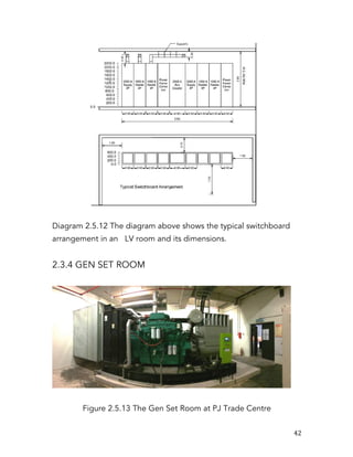   42	
  
Diagram 2.5.12 The diagram above shows the typical switchboard
arrangement in an LV room and its dimensions.
2.3.4 GEN SET ROOM
Figure 2.5.13 The Gen Set Room at PJ Trade Centre
 