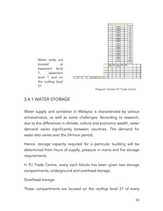   54	
  
3.4.1 WATER STORAGE
Water supply and sanitation in Malaysia is characterized by various
achievements, as well as some challenges. According to research,
due to the differences in climate, culture and economic wealth, water
demand varies significantly between countries. The demand for
water also varies over the 24-hour period.
Hence, storage capacity required for a particular building will be
determined from hours of supply, pressure in mains and fire storage
requirements.
In PJ Trade Centre, every each blocks has been given two storage
compartments; underground and overhead storage.
Overhead storage.
These compartments are located on the rooftop level 21 of every
Diagram: Section PJ Trade Centre.
Water tanks are
located at
basement level
7, basement
level 1 and on
the rooftop level
21.
 