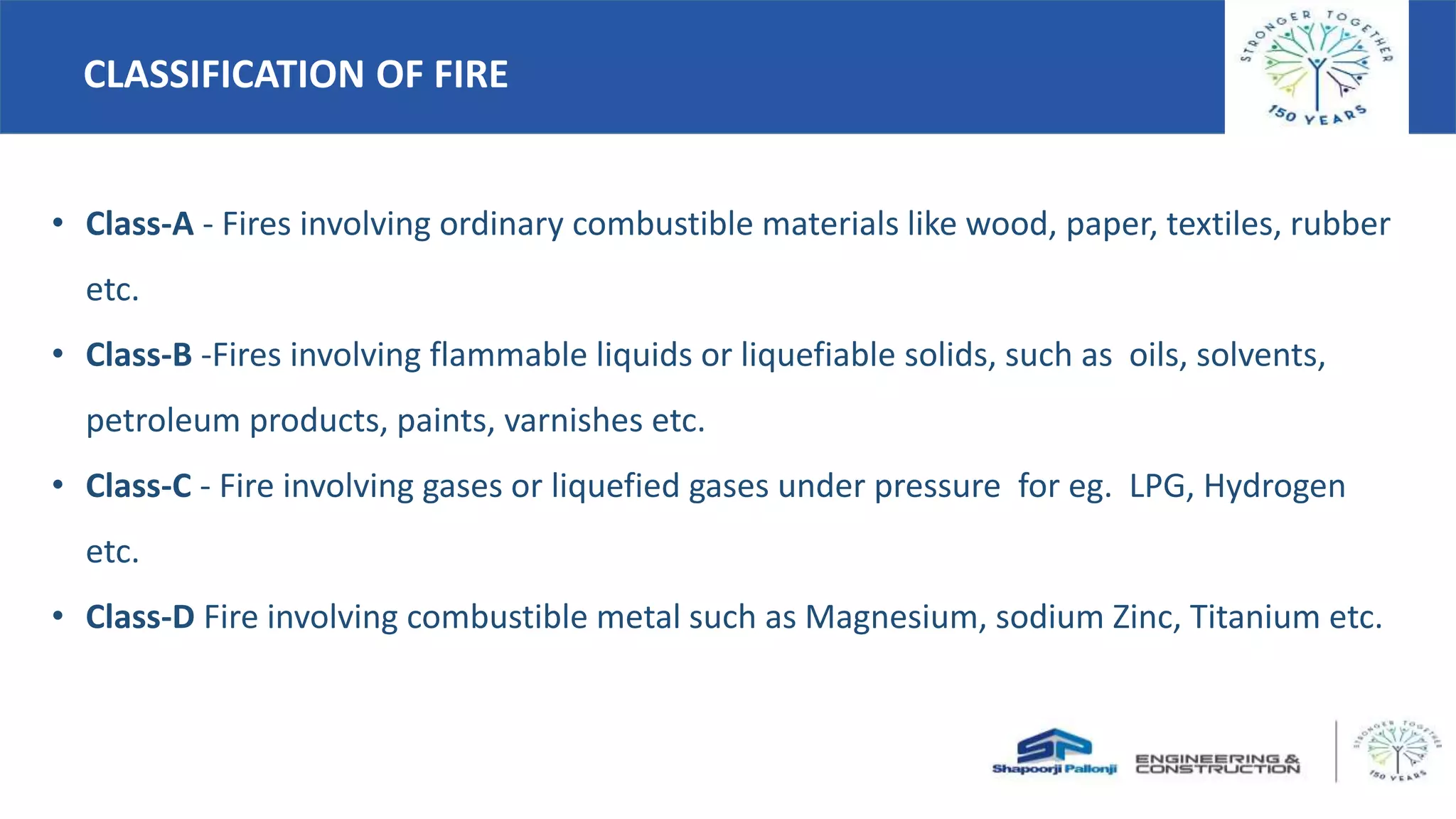 CLASSIFICATION OF FIRE
• Class-A - Fires involving ordinary combustible materials like wood, paper, textiles, rubber
etc.
• Class-B -Fires involving flammable liquids or liquefiable solids, such as oils, solvents,
petroleum products, paints, varnishes etc.
• Class-C - Fire involving gases or liquefied gases under pressure for eg. LPG, Hydrogen
etc.
• Class-D Fire involving combustible metal such as Magnesium, sodium Zinc, Titanium etc.
 
