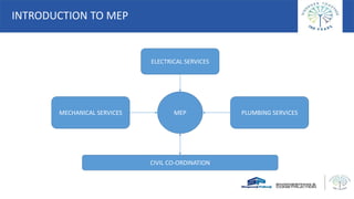 MECHANICAL SERVICES PLUMBING SERVICES
ELECTRICAL SERVICES
MEP
CIVIL CO-ORDINATION
INTRODUCTION TO MEP
 