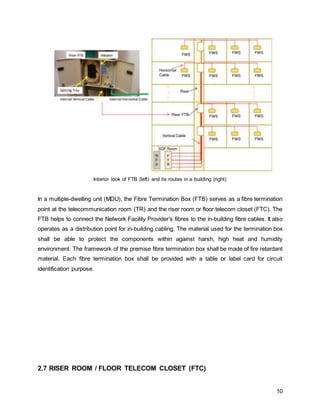 10
Interior look of FTB (left) and its routes in a building (right)
In a multiple-dwelling unit (MDU), the Fibre Termination Box (FTB) serves as a fibre termination
point at the telecommunication room (TR) and the riser room or floor telecom closet (FTC). The
FTB helps to connect the Network Facility Provider’s fibres to the in-building fibre cables. It also
operates as a distribution point for in-building cabling. The material used for the termination box
shall be able to protect the components within against harsh, high heat and humidity
environment. The framework of the premise fibre termination box shall be made of fire retardant
material. Each fibre termination box shall be provided with a table or label card for circuit
identification purpose.
2.7 RISER ROOM / FLOOR TELECOM CLOSET (FTC)
 