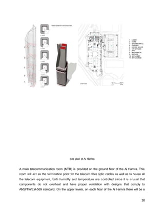 26
Site plan of Al Hamra
A main telecommunication room (MTR) is provided on the ground floor of the Al Hamra. This
room will act as the termination point for the telecom fibre optic cables as well as to house all
the telecom equipment, both humidity and temperature are controlled since it is crucial that
components do not overheat and have proper ventilation with designs that comply to
ANSI/TIA/EIA-569 standard. On the upper levels, on each floor of the Al Hamra there will be a
 