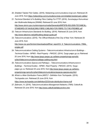 39
20. Shielded Twisted Pair Cables. (2016). Networking-communications.knoji.com. Retrieved 25
June 2016, from https://networking-communications.knoji.com/shielded-twisted-pair-cables/
21. Technical Standard of In-Building Fibre Cabling For FTTP. (2016). Suruhanjaya Komunikasi
dan Multimedia Malaysia (SKMM). Retrieved 25 June 2016, from
http://www.skmm.gov.my/skmmgovmy/media/General/pdf/MTSFB-002-2009-TECHNICAL-
STANDARD-OF-IN-BUILDING-FIBRE-CABLING-FOR-FIBRE-TO-THE-PREMISE.pdf
22. Telecom Infrastructure Standards for Building. (2016). Retrieved 25 June 2016, from
http://www.telectron.net/pdf/building-design-guide.pdf
23. Telecommunications. (2016). The Official Website of the City of New York. Retrieved 25
June 2016, from
http://www.nyc.gov/html/sirr/downloads/pdf/final_report/Ch_9_Telecommunications_FINAL_
singles.pdf
24. Telecommunications Cabling Systems - Telecommunications Infrastructure in Buildings -
Technical Guides - NPMS - Real Property - PWGSC. (2014). Tpsgc-pwgsc.gc.ca. Retrieved
25 June 2016, from http://www.tpsgc-pwgsc.gc.ca/biens-property/sngp-npms/bi-
rp/tech/telecommunications/cablage-cabling-eng.html
25. Telecommunications Spaces and Pathways - Telecommunications Infrastructure in
Buildings - Technical Guides - NPMS - Real Property - PWGSC. (2014). Tpsgc-
pwgsc.gc.ca. Retrieved 25 June 2016, from http://www.tpsgc-pwgsc.gc.ca/biens-
property/sngp-npms/bi-rp/tech/telecommunications/espaces-spaces-eng.html
26. What is a Main Distribution Frame (MDF)? - Definition from Techopedia. (2016).
Techopedia.com. Retrieved 25 June 2016, from
https://www.techopedia.com/definition/2233/main-distribution-frame-mdf
27. Zottmann, H. (2016). Telecommunications Management Networks (TMN). Cellsoft.de.
Retrieved 25 June 2016, from http://www.cellsoft.de/telecom/tmn.htm
 