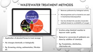 WASTEWATER TREATMENT METHODS
• Application of physical forces to treat sewage
• No changes chemically or biologically
• Eg. Screening, mixing, sedimentation, filtration
etc
• Involves using chemical reaction to
improve water quality
• Removal or conversion of pollutants are
done by addition of chemicals
• Eg. Precipitation, disinfection,
chlorination etc.
• Removes pollutants by biological activity
• Microorganisms such as bacteria are used
in biochemical decomposition
• Can be divided into aerobic/anaerobic
methods based on availability of oxygen
 