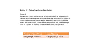 Sec8on	39	–	Natural	Ligh8ng	and	Ven8la8on	
		
Clause	4	
Every	water-closet,	latrine,	urinal	of	bathroom	shall	be	provided	with	
natural	lighOng	and	natural	lighOng	and	natural	venOlaOon	by	means	of	
one	or	more	openings	having	a	total	area	of	not	less	than	0.2	square	
metre	per	water-closet,	urinal	latrine	or	bathroom	and	such	openings	
shall	be	capable	of	allowing	a	free	uninterrupted	passage	of	air.	
	
Openings	in	Water	Closet	 Area	of	Opening	
For	LighOng	&	VenOlaOon	 0.2	sqm	per	w/c,	urinal	
 