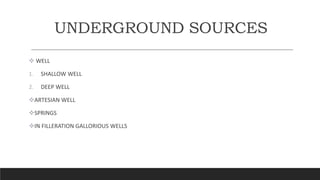 UNDERGROUND SOURCES
 WELL
1. SHALLOW WELL
2. DEEP WELL
ARTESIAN WELL
SPRINGS
IN FILLERATION GALLORIOUS WELLS
 