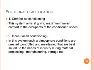 FUNCTIONAL CLASSIFICATION
 1. Comfort air conditioning-
 This system aims at giving maximum human
comfort to the occupants of the conditioned space.
 2. Industrial air conditioning-
 In this system such a atmosphere conditions are
created ,controlled and maintained that are best
suited to the needs of industry during material
processing , manufacturing, storage etc
23
 