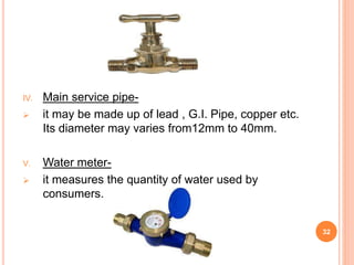 IV. Main service pipe-
 it may be made up of lead , G.I. Pipe, copper etc.
Its diameter may varies from12mm to 40mm.
V. Water meter-
 it measures the quantity of water used by
consumers.
32
 