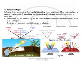 COMPILED BY: Syedali Fathima, Asst.Professor
- SRM SEAD 2019-2020
4
 Reflection of light
Reflection is the phenomenon in which light travelling in one medium, incident on the surface of
another returns to the first medium, obeying the laws of reflection. According to the laws of
reflection
• The incident ray, the reflected ray and the normal to the surface at the point of incidence all lie
in the same plane.
• The angle of incidence is equal to the angle of reflection.
 