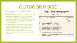OUTDOOR NOISE
• There are two aspects of defence by
planning:
• The first is to plan so as to keep the noise at
a distance. Under this aspect comes the
separation of housing from traffic noise by
interposing buffer zones, and the protection
of schools and hospitals by green belts,
public gardens, etc.
• The second is the principle of shading or
screening.This consists of deliberately
interposing a less vulnerable building to
screen a more vulnerable one or by
providing a solid barrier, such as a wall,
between the source and the location to be
protected.
•
 