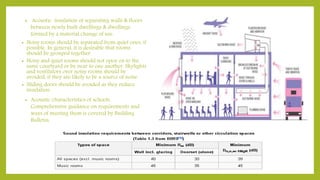 • Acoustic insulation of separating walls & floors
between newly built dwellings & dwellings
formed by a material change of use.
• Noisy rooms should be separated from quiet ones, if
possible. In general, it is desirable that rooms
should be grouped together.
• Noisy and quiet rooms should not open on to the
same courtyard or be near to one another. Skylights
and ventilators over noisy rooms should be
avoided, if they are likely to be a source of noise.
• Sliding doors should be avoided as they reduce
insulation.
• Acoustic characteristics of schools.
Comprehensive guidance on requirements and
ways of meeting them is covered by Building
Bulletin.
 