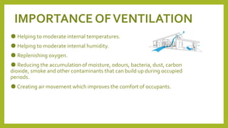 IMPORTANCE OFVENTILATION
● Helping to moderate internal temperatures.
● Helping to moderate internal humidity.
● Replenishing oxygen.
● Reducing the accumulation of moisture, odours, bacteria, dust, carbon
dioxide, smoke and other contaminants that can build up during occupied
periods.
● Creating air movement which improves the comfort of occupants.
 
