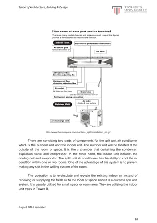 School of Architecture, Building & Design
http://www.thermospace.com/ductless_split/installation_pic.gif
There are consisting two parts of components for the split unit air conditioner
which is the outdoor unit and the indoor unit. The outdoor unit will be located at the
outside of the room or space. It is like a chamber that containing the condenser,
expansion valve and compressor. In the other hand, the indoor unit includes the
cooling coil and evaporator. The split unit air conditioner has the ability to cool the air
condition within one or two rooms. One of the advantage of this system is to prevent
making any slot in the walling system of the room.
The operation is to re-circulate and recycle the existing indoor air instead of
renewing or supplying the fresh air to the room or space since it is a ductless split unit
system. It is usually utilized for small space or room area. They are utilizing the indoor
unit types in Tower B.
August 2016 semester
18
 