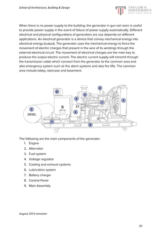 School of Architecture, Building & Design
When there is no power supply to the building, the generator in gun set room is useful
to provide power supply in the event of failure of power supply automatically. Different
electrical and physical configurations of generators are use depends on different
applications. An electrical generator is a device that convey mechanical energy into
electrical energy (output). The generator uses the mechanical energy to force the
movement of electric charges that present in the wire of its windings through the
external electrical circuit. The movement of electrical charges are the main key to
produce the output electric current. The electric current supply will transmit through
the transmission cable which connect from the generator to the common area and
also emergency system such as fire alarm systems and also fire lifts. The common
area include lobby, staircase and basement.
The following are the main components of the generator:
1. Engine
2. Alternator
3. Fuel system
4. Voltage regulator
5. Cooling and exhaust systems
6. Lubrication system
7. Battery charger
8. Control Panel
9. Main Assembly
August 2016 semester
83
 