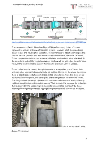 School of Architecture, Building & Design
http://www.gibbonsgroup.co.uk/uploads/assets/infographics/inside-an-ahu-zoom-in-diagram-mark-5-17052016.jpg
The components of AHU (Based on Figure 1.14) perform every duties of course
comparative with an ordinary refrigeration system. However, all of these parts are
bigger in size and have higher capacities. The compressor is about open responding
kind for various cylinders and also will be cooled by the water just in the car motor.
Those compressor and the condenser would about shell and more the tube kind. At
the same time, in the little ventilating system capillary will be utilized as the extension
valve, in the focal ventilating system thermostatic extension valve is utilized.
Those chilled may be passed through those ducts to every last one of rooms, halls
and also other spaces that would with be air molded. Hence, on the whole the rooms
there is best those conduit passim those chilled air and even more that there would
no individual cooling coils, and other parts of the refrigeration system in the rooms.
The thing that will be we get over each room is the totally quiet and also profoundly
viable air conditioning system in the spaces. What is more,, the measure for chilled air
that is required in the space might a chance to be controlled eventually by those
openings contingent upon those aggregate high temperature load inside the space.
​AHU in the PJ Trade Centre.
August 2016 semester
8
 