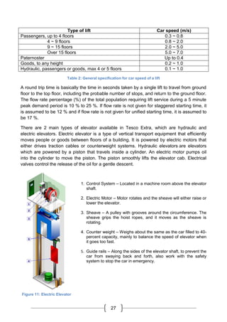 27
Type of lift Car speed (m/s)
Passengers, up to 4 floors 0.3 ~ 0.8
4 ~ 9 floors 0.8 ~ 2.0
9 ~ 15 floors 2.0 ~ 5.0
Over 15 floors 5.0 ~ 7.0
Paternoster Up to 0.4
Goods, to any height 0.2 ~ 1.0
Hydraulic, passengers or goods, max 4 or 5 floors 0.1 ~ 1.0
Table 2: General specification for car speed of a lift
A round trip time is basically the time in seconds taken by a single lift to travel from ground
floor to the top floor, including the probable number of stops, and return to the ground floor.
The flow rate percentage (%) of the total population requiring lift service during a 5 minute
peak demand period is 10 % to 25 %. If flow rate is not given for staggered starting time, it
is assumed to be 12 % and if flow rate is not given for unified starting time, it is assumed to
be 17 %.
There are 2 main types of elevator available in Tesco Extra, which are hydraulic and
electric elevators. Electric elevator is a type of vertical transport equipment that efficiently
moves people or goods between floors of a building. It is powered by electric motors that
either drives traction cables or counterweight systems. Hydraulic elevators are elevators
which are powered by a piston that travels inside a cylinder. An electric motor pumps oil
into the cylinder to move the piston. The piston smoothly lifts the elevator cab. Electrical
valves control the release of the oil for a gentle descent.
1. Control System – Located in a machine room above the elevator
shaft.
2. Electric Motor – Motor rotates and the sheave will either raise or
lower the elevator.
3. Sheave – A pulley with grooves around the circumference. The
sheave grips the hoist ropes, and it moves as the sheave is
rotating.
4. Counter weight – Weighs about the same as the car filled to 40-
percent capacity, mainly to balance the speed of elevator when
it goes too fast.
5. Guide rails – Along the sides of the elevator shaft, to prevent the
car from swaying back and forth, also work with the safety
system to stop the car in emergency.
Figure 11: Electric Elevator
 