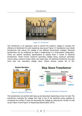 30
Transformers
Figure 14: Transformer
The transformer is an apparatus used to convert the system’s voltage to increase the
efficiency of distribution for each respective area as per Figure 14. Substations may include
transformers that reduce the voltage of two different transmission voltages. Electrical
transformers can be configured as either a single-phase or a three-phase configuration.
There are several necessary specifications to specify when it comes to electrical
transformers. These include: maximum secondary voltage rating, maximum secondary
current rating, maximum power rating, and output type. An electrical transformer may give
more than one secondary voltage value. Output choices include AC or DC.
Figure 15: Step-Up Transformer
Figure 16: Step-Down Transformer
The transformers can perform both step-up and step-down depending on how it is built. The
transformer increases the voltage from high to low of the electricity being supplied by
increasing the number of coils and decreases the voltage by reducing the number of coils
as per Figure 15 and Figure 16 respectively (Electrical4U, 2015).
 