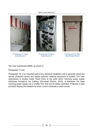 32
Main Switchboard
Photograph 17: Main
Switchboard 1
Photograph 18: Main
Switchboard 2
Photograph 19: Main
Switchboard Room
The main switchboard (MSB), as shown in
Photograph 17 and
Photograph 18, is an important part of any electrical installation and is generally where the
service protection device and supply authority metering equipment is located. The main
switchboard is located inside Tesco Extra at the point which incoming power supply
distributes throughout the building (Schneider Electric, 2015). It distributes the large
incoming power supply into a smaller form that can be easily controlled. Protection is also
provided; tripping the breakers for when current overloads or short circuits.
 