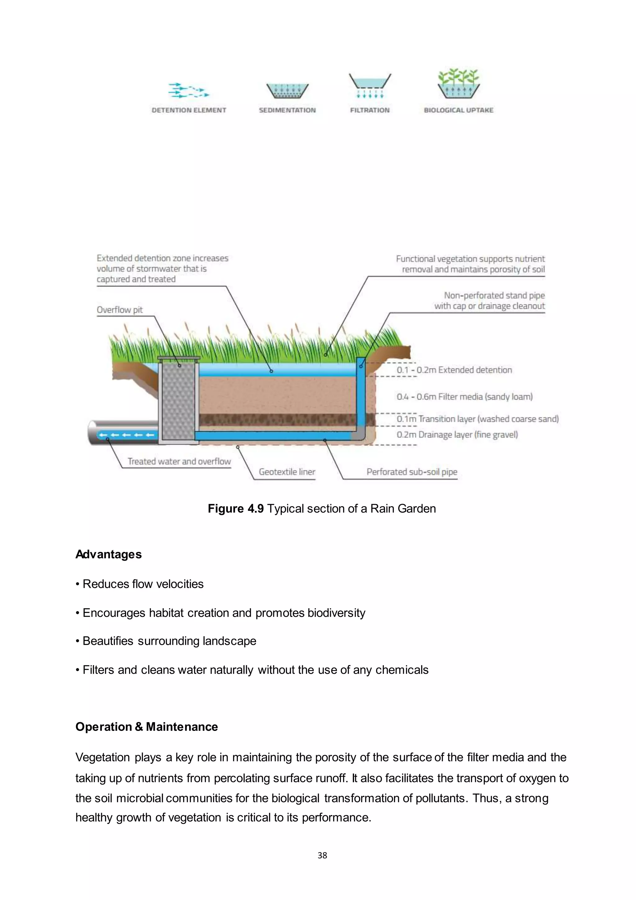 38
Figure 4.9 Typical section of a Rain Garden
Advantages
• Reduces flow velocities
• Encourages habitat creation and promotes biodiversity
• Beautifies surrounding landscape
• Filters and cleans water naturally without the use of any chemicals
Operation & Maintenance
Vegetation plays a key role in maintaining the porosity of the surface of the filter media and the
taking up of nutrients from percolating surface runoff. It also facilitates the transport of oxygen to
the soil microbial communities for the biological transformation of pollutants. Thus, a strong
healthy growth of vegetation is critical to its performance.
 