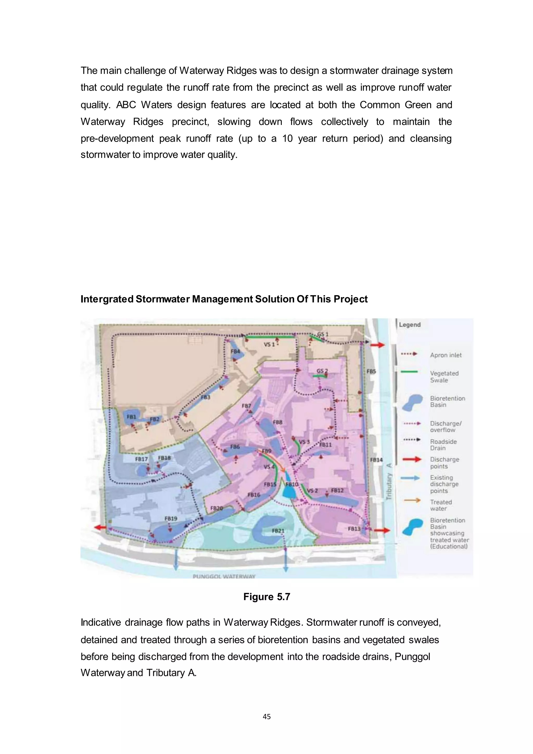 45
The main challenge of Waterway Ridges was to design a stormwater drainage system
that could regulate the runoff rate from the precinct as well as improve runoff water
quality. ABC Waters design features are located at both the Common Green and
Waterway Ridges precinct, slowing down flows collectively to maintain the
pre-development peak runoff rate (up to a 10 year return period) and cleansing
stormwater to improve water quality.
Intergrated Stormwater Management Solution Of This Project
Figure 5.7
Indicative drainage flow paths in Waterway Ridges. Stormwater runoff is conveyed,
detained and treated through a series of bioretention basins and vegetated swales
before being discharged from the development into the roadside drains, Punggol
Waterway and Tributary A.
 