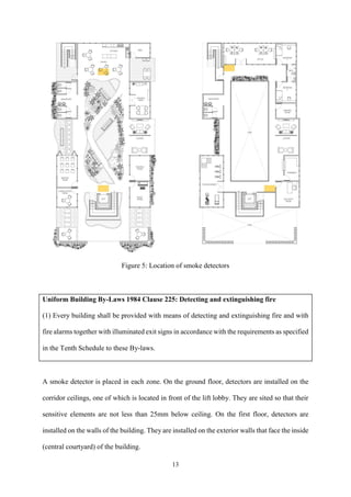 13
Figure 5: Location of smoke detectors
Uniform Building By-Laws 1984 Clause 225: Detecting and extinguishing fire
(1) Every building shall be provided with means of detecting and extinguishing fire and with
fire alarms together with illuminated exit signs in accordance with the requirements as specified
in the Tenth Schedule to these By-laws.
A smoke detector is placed in each zone. On the ground floor, detectors are installed on the
corridor ceilings, one of which is located in front of the lift lobby. They are sited so that their
sensitive elements are not less than 25mm below ceiling. On the first floor, detectors are
installed on the walls of the building. They are installed on the exterior walls that face the inside
(central courtyard) of the building.
 