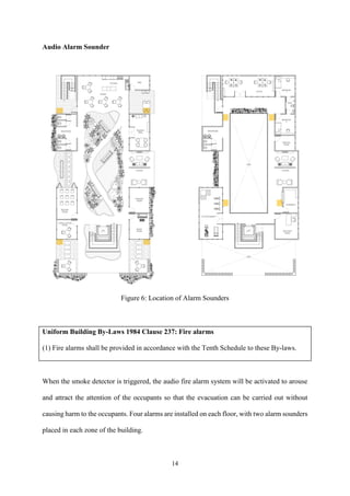 14
Audio Alarm Sounder
Figure 6: Location of Alarm Sounders
Uniform Building By-Laws 1984 Clause 237: Fire alarms
(1) Fire alarms shall be provided in accordance with the Tenth Schedule to these By-laws.
When the smoke detector is triggered, the audio fire alarm system will be activated to arouse
and attract the attention of the occupants so that the evacuation can be carried out without
causing harm to the occupants. Four alarms are installed on each floor, with two alarm sounders
placed in each zone of the building.
 