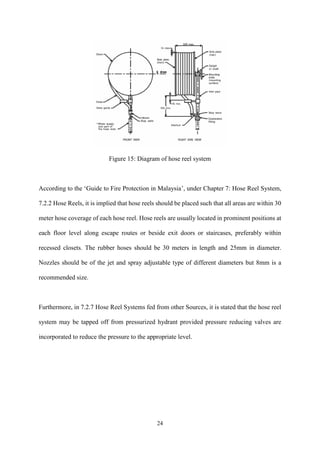 24
Figure 15: Diagram of hose reel system
According to the ‘Guide to Fire Protection in Malaysia’, under Chapter 7: Hose Reel System,
7.2.2 Hose Reels, it is implied that hose reels should be placed such that all areas are within 30
meter hose coverage of each hose reel. Hose reels are usually located in prominent positions at
each floor level along escape routes or beside exit doors or staircases, preferably within
recessed closets. The rubber hoses should be 30 meters in length and 25mm in diameter.
Nozzles should be of the jet and spray adjustable type of different diameters but 8mm is a
recommended size.
Furthermore, in 7.2.7 Hose Reel Systems fed from other Sources, it is stated that the hose reel
system may be tapped off from pressurized hydrant provided pressure reducing valves are
incorporated to reduce the pressure to the appropriate level.
 