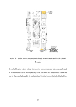 25
Figure 16: Location of hose reel (in hydrant cabinet) and installation of water tank (ground
floor plan)
In our building, the hydrant cabinet that stores the hoses, nozzles and accessories are located
at the main entrance of the building for easy access. The water tank that stores the water to put
out the fire would be located in the mechanical and electrical room at the back of the building.
 