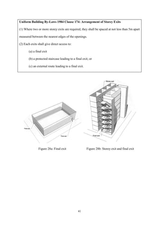 41
Uniform Building By-Laws 1984 Clause 174: Arrangement of Storey Exits
(1) Where two or more storey exits are required, they shall be spaced at not less than 5m apart
measured between the nearest edges of the openings.
(2) Each exits shall give direct access to:
(a) a final exit
(b) a protected staircase leading to a final exit; or
(c) an external route leading to a final exit.
Figure 28a: Final exit Figure 28b: Storey exit and final exit
 