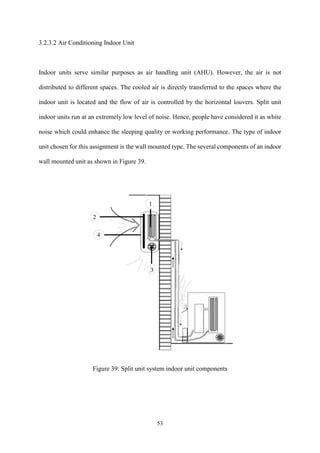 53
3.2.3.2 Air Conditioning Indoor Unit
Indoor units serve similar purposes as air handling unit (AHU). However, the air is not
distributed to different spaces. The cooled air is directly transferred to the spaces where the
indoor unit is located and the flow of air is controlled by the horizontal louvers. Split unit
indoor units run at an extremely low level of noise. Hence, people have considered it as white
noise which could enhance the sleeping quality or working performance. The type of indoor
unit chosen for this assignment is the wall mounted type. The several components of an indoor
wall mounted unit as shown in Figure 39.
Figure 39: Split unit system indoor unit components
 