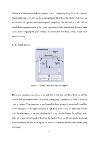 59
Exhaust ventilation system is known as fans. It works by depressurizing the interior, creating
negative pressure on its inlet and the system exhausts the air from the interior while make-up
air infiltrates through leaks in the building shell and passive vent. Mechanical extract fans are
installed in the duct connected to the central exhaust point in the building and discharge away
the air from occupying the space owing to its combination with heats, fumes, smoke water
vapour or odour.
3.3.2.2 Supply System
Figure 44: Supply ventilation air flow diagram
The supply ventilation system has a fan and duct system that introduces fresh air into the
interior. This system pressurizes the interior by supplying from outside in order to maintain
positive pressure. This system can be used in a polluted and noisy environment and it can filter
the incoming air. The air supply is located in high place and it should not be located near the
outlet location to prevent air from escaping that is being circulated inside the building. A fan
and a set of ductwork are used to distribute the fresh air from outside or it can be connected
with the returning air duct, allowing the fan and ducts to process the outdoor air before being
distributed.
 