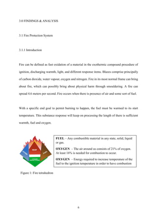 6
3.0 FINDINGS & ANALYSIS
3.1 Fire Protection System
3.1.1 Introduction
Fire can be defined as fast oxidation of a material in the exothermic compound procedure of
ignition, discharging warmth, light, and different response items. Blazes comprise principally
of carbon dioxide, water vapour, oxygen and nitrogen. Fire in its most normal frame can bring
about fire, which can possibly bring about physical harm through smouldering. A fire can
spread 4.6 meters per second. Fire occurs when there is presence of air and some sort of fuel.
With a specific end goal to permit burning to happen, the fuel must be warmed to its start
temperature. This substance response will keep on processing the length of there is sufficient
warmth, fuel and oxygen.
Figure 1: Fire tetrahedron
FUEL – Any combustible material in any state, solid, liquid
or gas.
OXYGEN – The air around us consists of 21% of oxygen.
At least 16% is needed for combustion to occur.
OXYGEN – Energy required to increase temperature of the
fuel to the ignition temperature in order to have combustion
process.
 