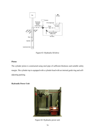 74
Figure 63: Hydraulic lift drive
Piston
The cylinder piston is constructed using steel pipe of sufficient thickness and suitable safety
margin. The cylinder top is equipped with a cylinder head with an internal guide ring and self-
adjusting packing.
Hydraulic Power Unit
Figure 64: Hydraulic power unit
 