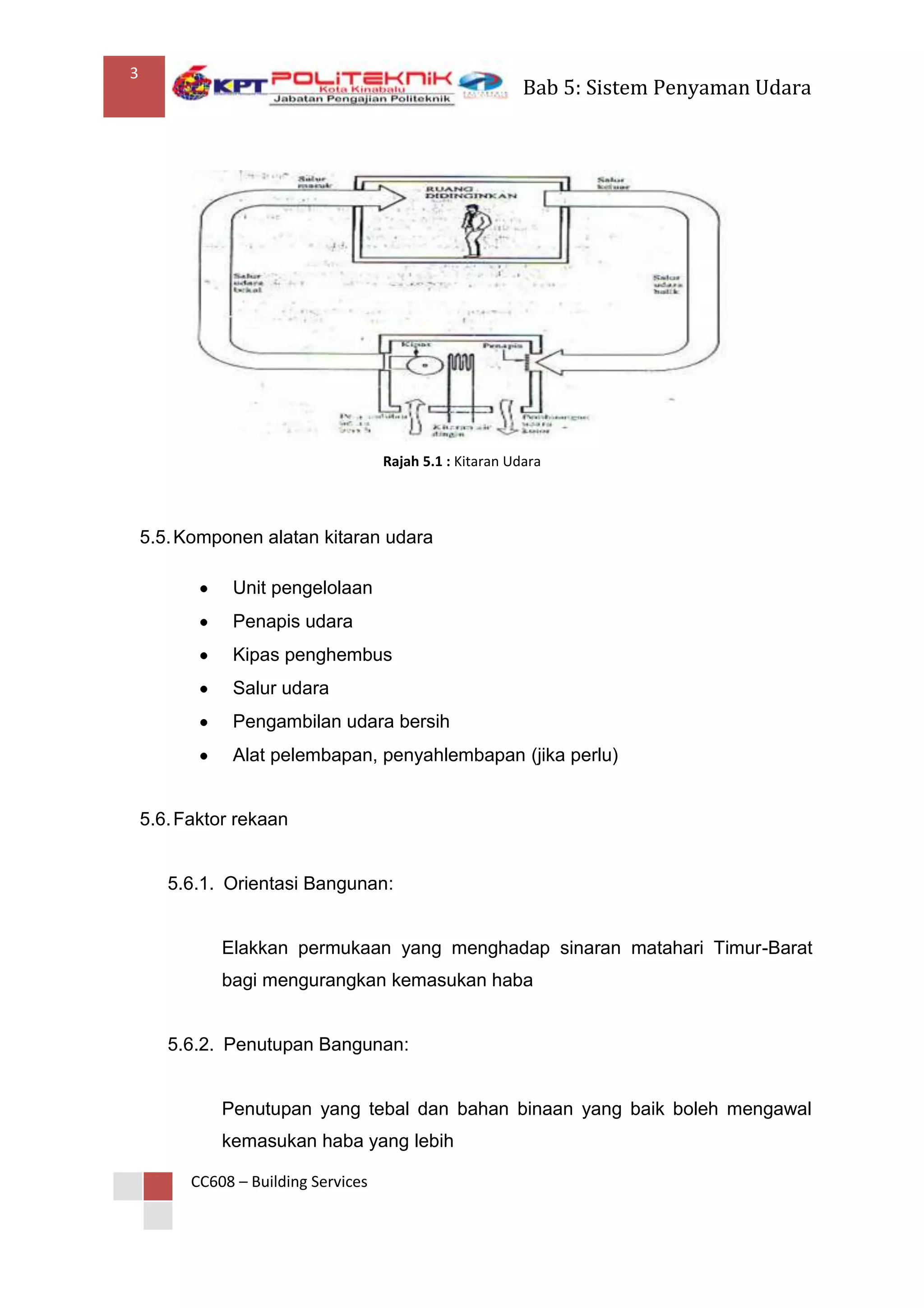 3
                                                            Bab 5: Sistem Penyaman Udara




                                      Rajah 5.1 : Kitaran Udara



    5.5. Komponen alatan kitaran udara

               Unit pengelolaan
               Penapis udara
               Kipas penghembus
               Salur udara
               Pengambilan udara bersih
               Alat pelembapan, penyahlembapan (jika perlu)


    5.6. Faktor rekaan


       5.6.1. Orientasi Bangunan:


              Elakkan permukaan yang menghadap sinaran matahari Timur-Barat
              bagi mengurangkan kemasukan haba


       5.6.2. Penutupan Bangunan:


              Penutupan yang tebal dan bahan binaan yang baik boleh mengawal
              kemasukan haba yang lebih

          CC608 – Building Services
 