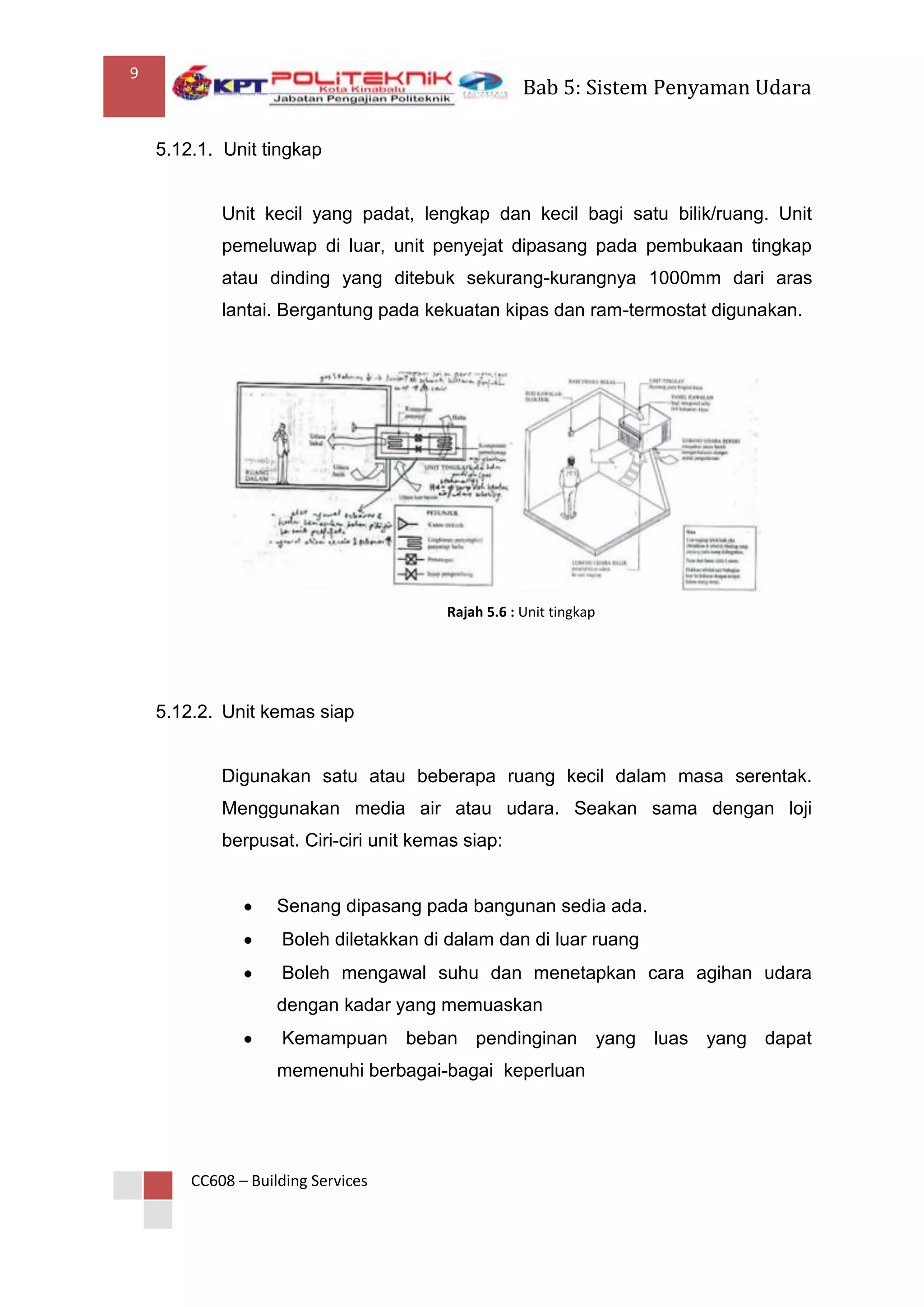 9
                                                    Bab 5: Sistem Penyaman Udara

    5.12.1. Unit tingkap


            Unit kecil yang padat, lengkap dan kecil bagi satu bilik/ruang. Unit
            pemeluwap di luar, unit penyejat dipasang pada pembukaan tingkap
            atau dinding yang ditebuk sekurang-kurangnya 1000mm dari aras
            lantai. Bergantung pada kekuatan kipas dan ram-termostat digunakan.




                                        Rajah 5.6 : Unit tingkap




    5.12.2. Unit kemas siap


            Digunakan satu atau beberapa ruang kecil dalam masa serentak.
            Menggunakan media air atau udara. Seakan sama dengan loji
            berpusat. Ciri-ciri unit kemas siap:


                    Senang dipasang pada bangunan sedia ada.
                    Boleh diletakkan di dalam dan di luar ruang
                    Boleh mengawal suhu dan menetapkan cara agihan udara
                    dengan kadar yang memuaskan
                    Kemampuan beban pendinginan yang luas yang dapat
                    memenuhi berbagai-bagai keperluan




        CC608 – Building Services
 