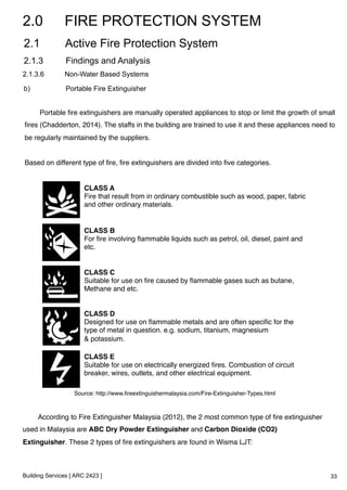 2.0 FIRE PROTECTION SYSTEM 
2.1 Active Fire Protection System 
2.1.3 Findings and Analysis 
2.1.3.6 Non-Water Based Systems 
b) Portable Fire Extinguisher 
Portable fire extinguishers are manually operated appliances to stop or limit the growth of small 
fires (Chadderton, 2014). The staffs in the building are trained to use it and these appliances need to 
be regularly maintained by the suppliers.! 
! 
Based on different type of fire, fire extinguishers are divided into five categories.! 
CLASS A! 
Fire that result from in ordinary combustible such as wood, paper, fabric 
and other ordinary materials.! 
CLASS B! 
For fire involving flammable liquids such as petrol, oil, diesel, paint and 
etc.! 
CLASS C! 
Suitable for use on fire caused by flammable gases such as butane, 
Methane and etc.! 
CLASS D! 
Designed for use on flammable metals and are often specific for the 
type of metal in question. e.g. sodium, titanium, magnesium 
& potassium.! 
CLASS E! 
Suitable for use on electrically energized fires. Combustion of circuit 
breaker, wires, outlets, and other electrical equipment.! 
Source: http://www.fireextinguishermalaysia.com/Fire-Extinguisher-Types.html! 
According to Fire Extinguisher Malaysia (2012), the 2 most common type of fire extinguisher 
used in Malaysia are ABC Dry Powder Extinguisher and Carbon Dioxide (CO2) 
Extinguisher. These 2 types of fire extinguishers are found in Wisma LJT:! 
Building Services [ ARC 2423 ] 
33 
 