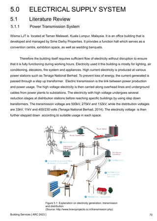 5.0 ELECTRICAL SUPPLY SYSTEM 
5.1 Literature Review 
5.1.1 Power Transmission System 
Wisma LJT is located at Taman Melawati, Kuala Lumpur, Malaysia. It is an office building that is 
developed and managed by Sime Darby Properties. It provides a function hall which serves as a 
convention centre, exhibition space, as well as wedding banquets. 
Therefore the building itself requires sufficient flow of electricity without disruption to ensure 
that it is fully functioning during working hours. Electricity used it this building is mostly for lighting, air 
conditioning, elevators, fire system and appliances. High current electricity is produced at various 
power stations such as Tenaga National Berhad. To prevent loss of energy, the current generated is 
passed through a step up transformer. Electric transmission is the link between power production 
and power usage. The high voltage electricity is then carried along overhead lines and underground 
cables from power plants to substations. The electricity with high voltage undergoes several 
reduction stages at distribution stations before reaching specific buildings by using step down 
transformers. The transmission voltage are 500kV, 275kV and 132kV, while the distribution voltages 
are 33kV, 11kV and 400/230 volts (Tenaga National Berhad, 2014). The electricity voltage is then 
further stepped down according to suitable usage in each space. 
Figure 5.1: Explanation on electricity generation, transmission 
and distribution. 
(Source: http://www.bravoprojects.co.in/transmission.php) 
Building Services [ ARC 2423 ] 
70 
 