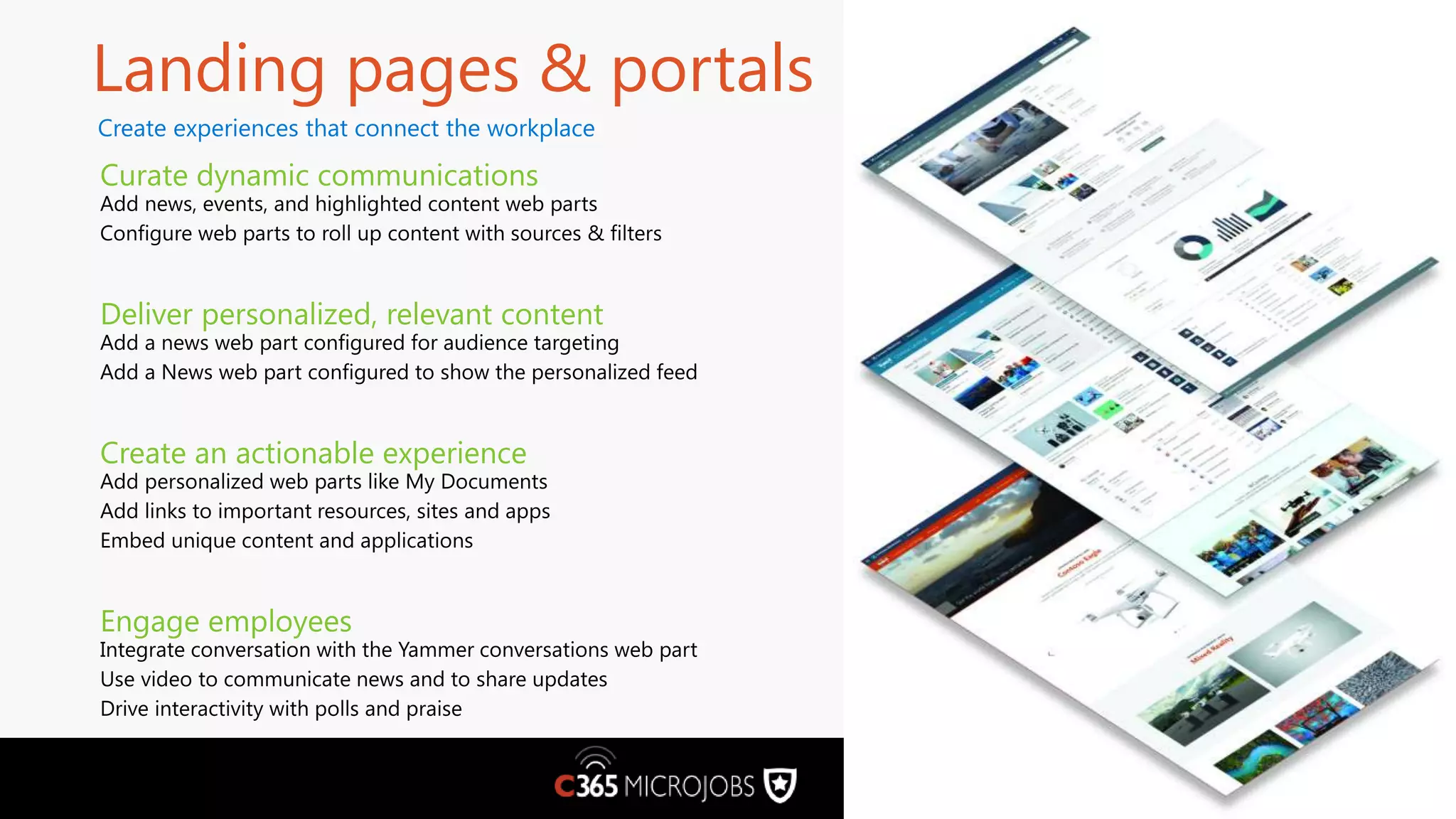 Landing pages & portals Curate dynamic communications Deliver personalized, relevant content Create an actionable experience Engage employees Create experiences that connect the workplace 