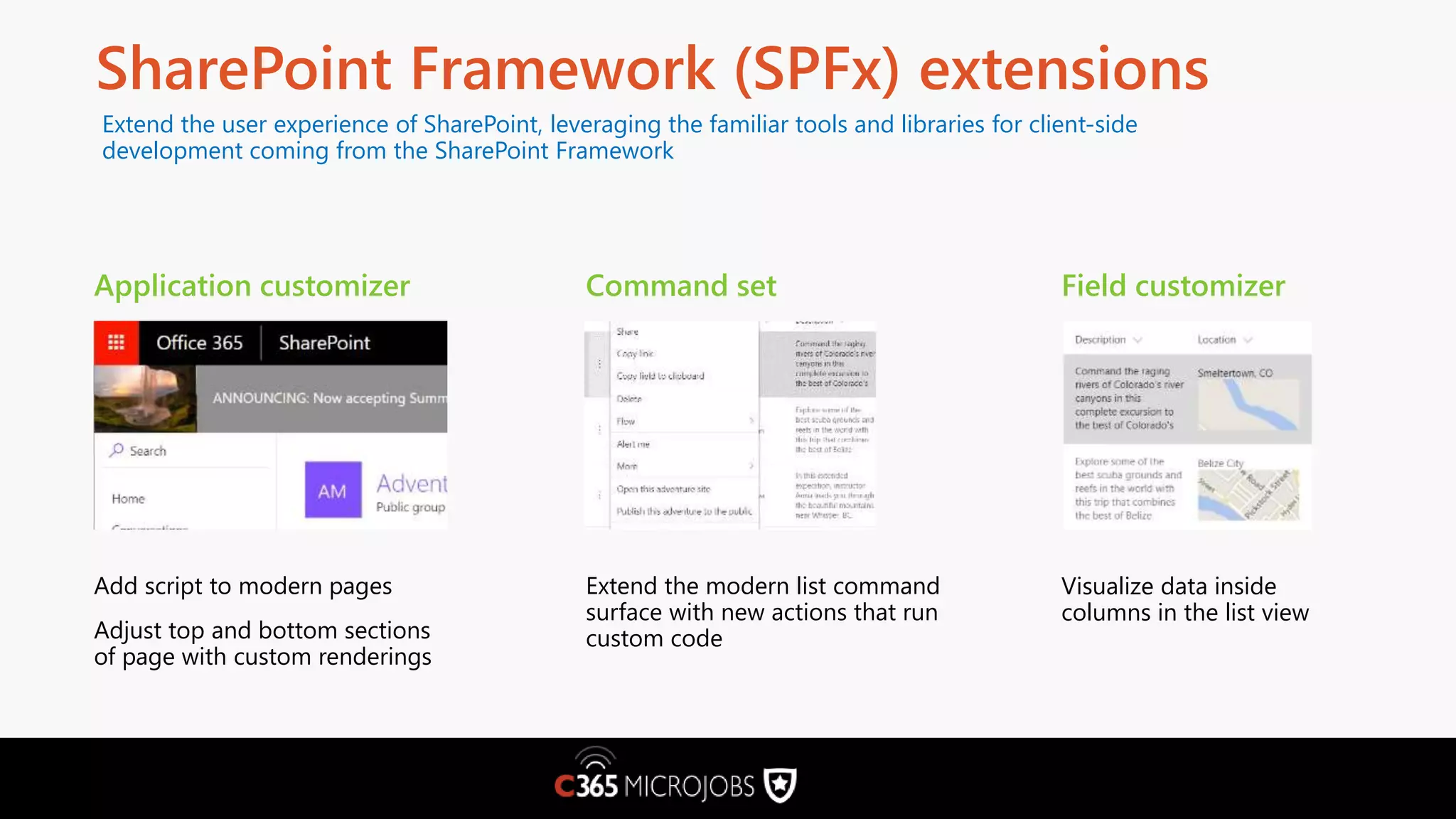 SharePoint Framework (SPFx) extensions Application customizer Command set Field customizer Add script to modern pages Adjust top and bottom sections of page with custom renderings Extend the modern list command surface with new actions that run custom code Visualize data inside columns in the list view Extend the user experience of SharePoint, leveraging the familiar tools and libraries for client-side development coming from the SharePoint Framework 