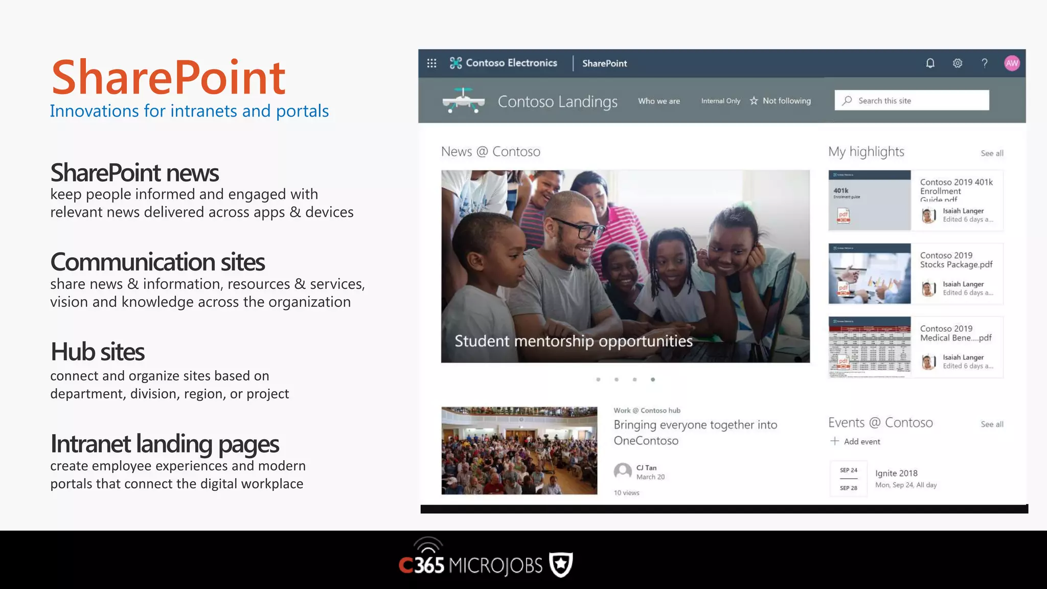 SharePoint news keep people informed and engaged with relevant news delivered across apps & devices Communication sites share news & information, resources & services, vision and knowledge across the organization Hub sites connect and organize sites based on department, division, region, or project Intranet landing pages create employee experiences and modern portals that connect the digital workplace Innovations for intranets and portals SharePoint 