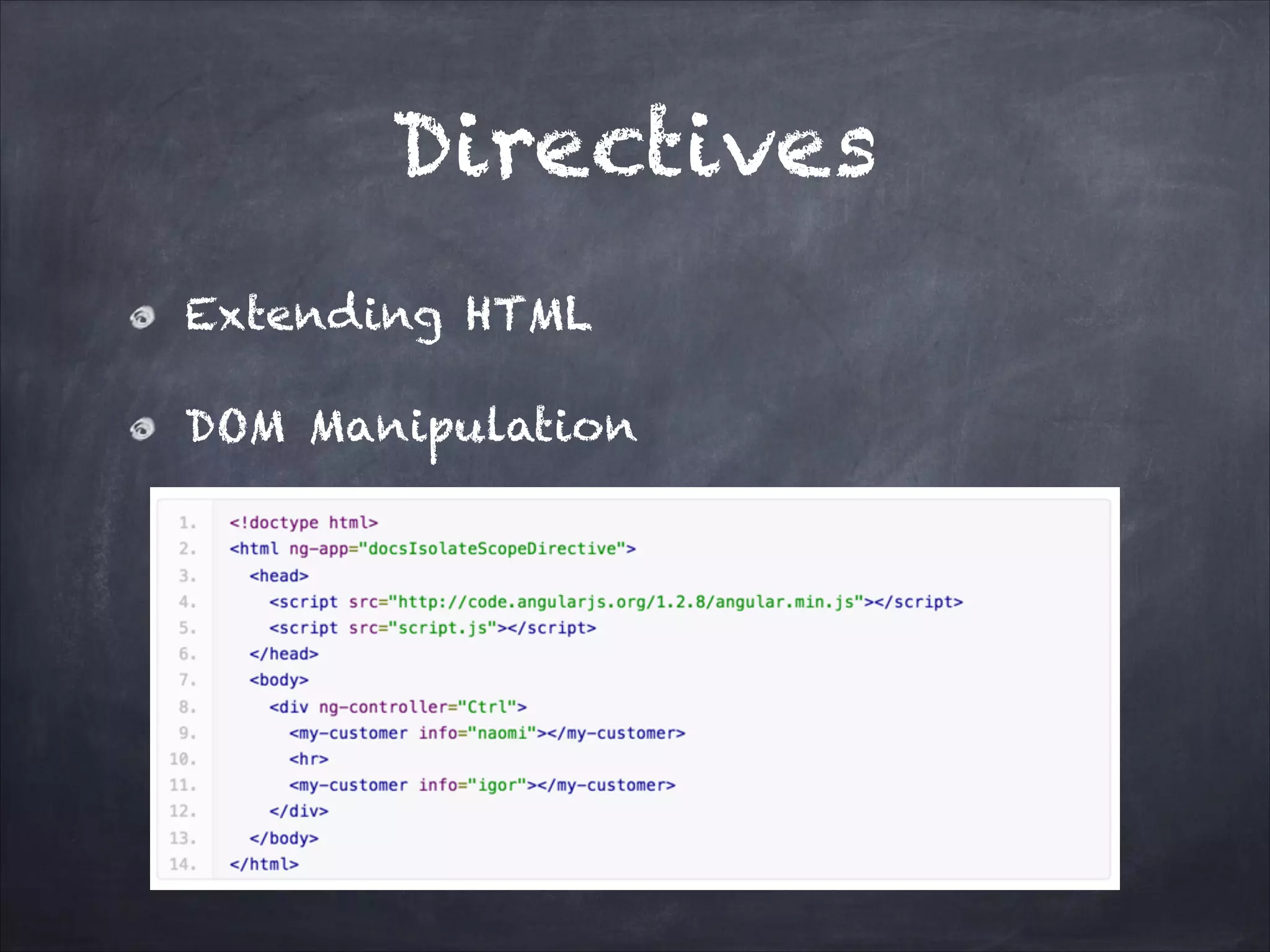 Directives
Extending HTML
DOM Manipulation

 
