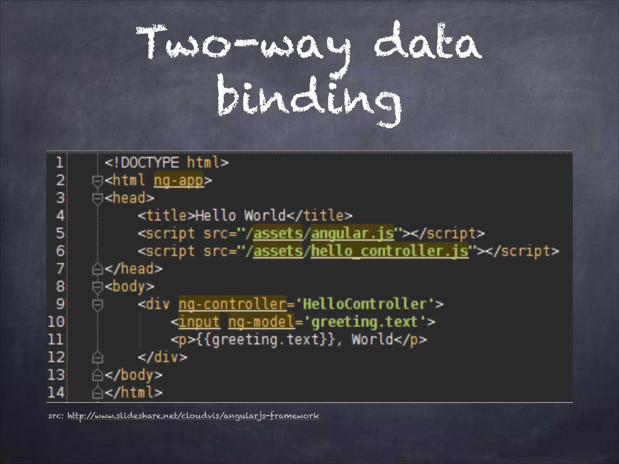 Two-way data
binding

src: http:/
/www.slideshare.net/cloudvis/angularjs-framework

 