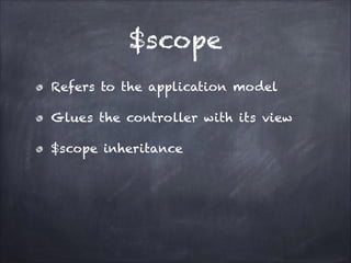 $scope
Refers to the application model
Glues the controller with its view
$scope inheritance

 