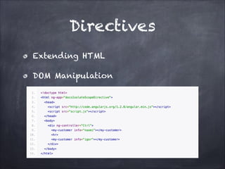 Directives
Extending HTML
DOM Manipulation

 