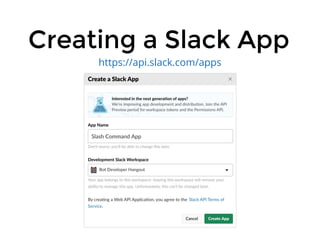 Creating a Slack AppCreating a Slack App
https://api.slack.com/apps
 